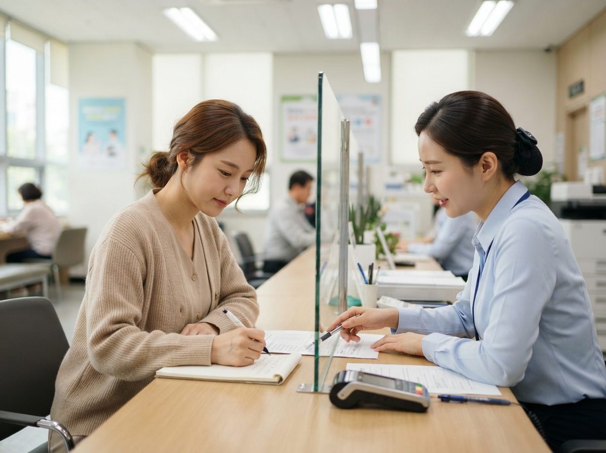 2026 차상위계층 신청자격 소득 기준 확인 방법 30대 여성이 주민센터 복지 상담 창구 앞에 앉아 담당 직원과 서류를 함께 들여다보는 장면. 창구 유리 너머로 직원이 종이를 가리키며 설명하고, 여성은 메모를 적고 있다. 밝은 형광등 아래 차분하고 진지한 분위기, 실사 사진