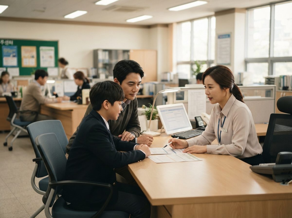 2026 교육급여 신청자격 지원금액 초중고 자녀 기준 30대 아빠가 중학생 자녀와 함께 행정복지센터 창구 앞에 앉아 담당 공무원으로부터 교육급여 신청서류에 대한 설명을 듣고 있는 모습, 밝은 형광등 조명 아래 따뜻하고 친근한 분위기, 실사 사진