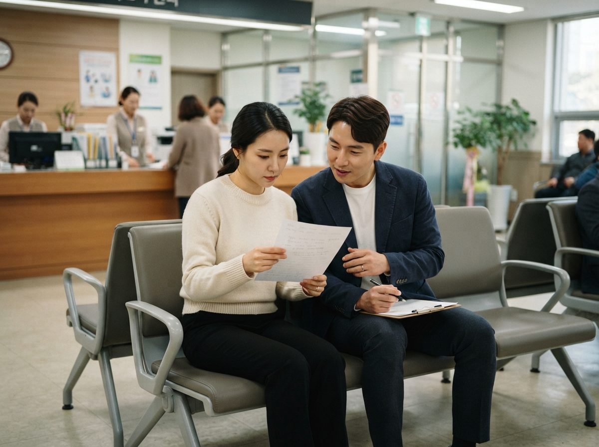 공공임대 신혼부부로 보이는 30대 초반 남녀가 주민센터 또는 상담 창구 앞 대기 의자에 나란히 앉아 서류를 함께 검토하는 장면, 밝은 형광등 조명의 실내, 진지하고 신뢰감 있는 분위기, 실사 사진