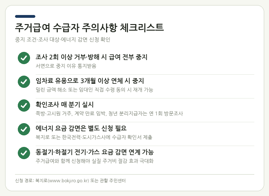 주거급여 수급자 주의사항 요약 — 중지 조건·확인조사 대상·에너지 감면 신청 체크리스트
