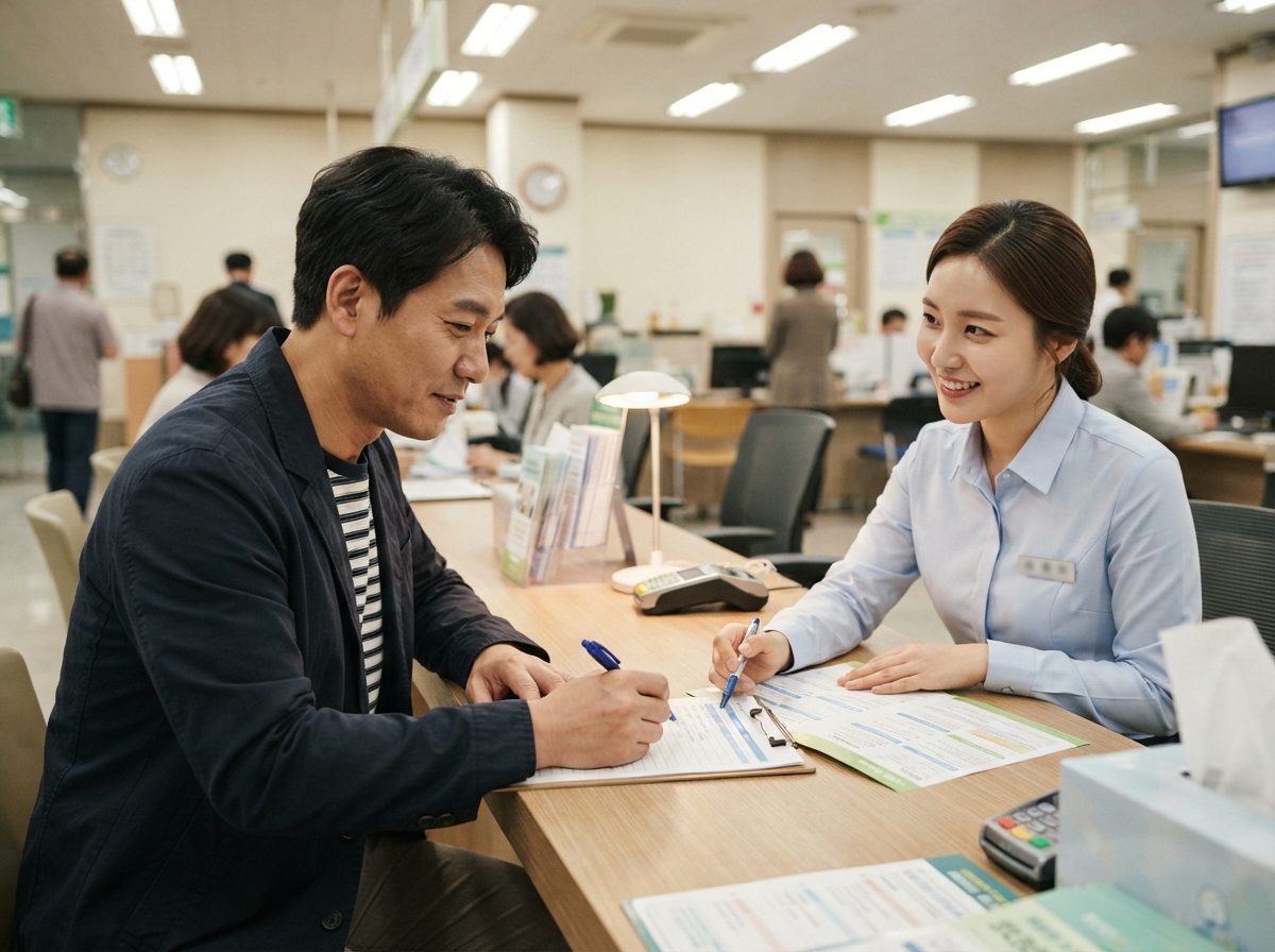 아파트 40대 남성이 주민센터 민원 창구에서 담당 직원과 마주 앉아 관리비 지원 관련 신청서를 작성하며 설명을 듣는 모습, 밝은 형광등 조명의 공공기관 내부, 친절하고 신뢰감 있는 분위기, 실사 사진