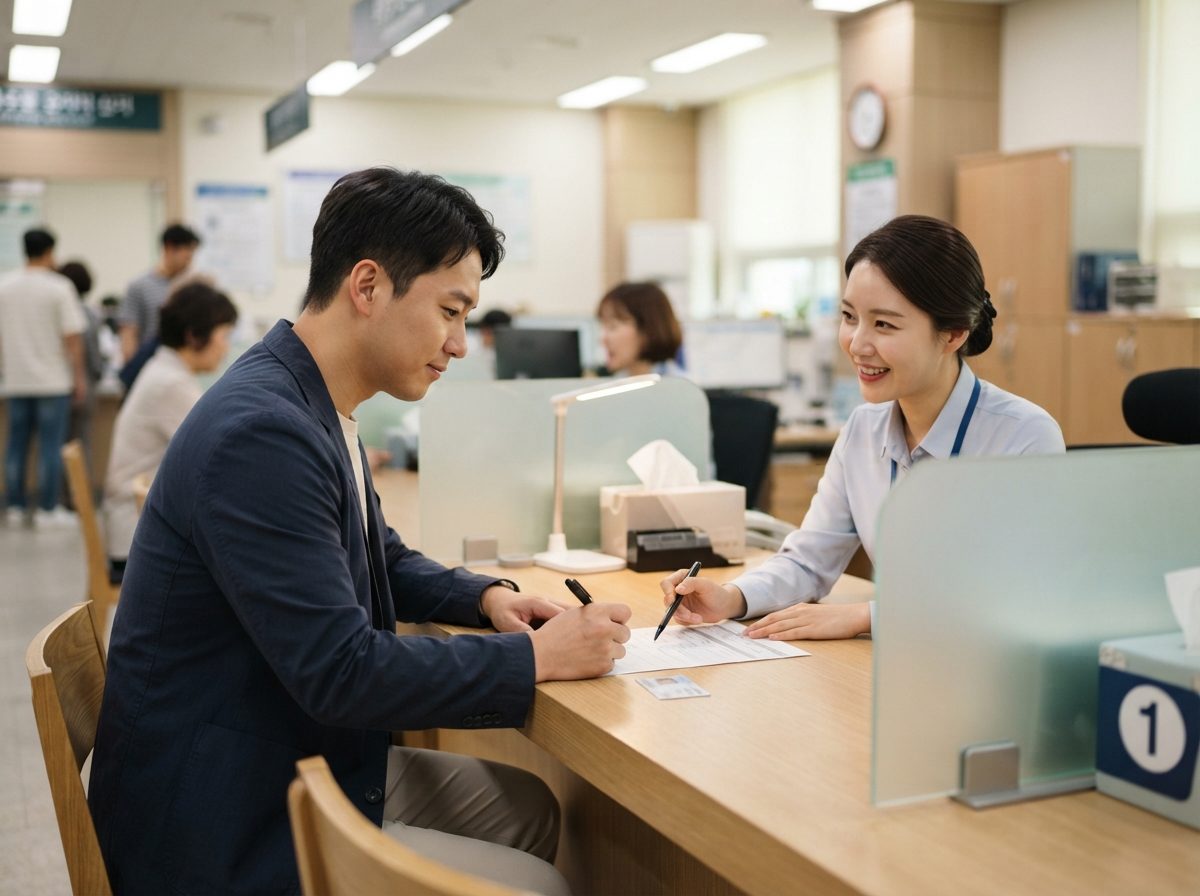 에너지바우처 30대 남성이 주민센터 창구 직원과 마주 앉아 신청서를 작성하며 설명을 받는 모습, 밝은 형광등 아래 사무적이지만 따뜻한 분위기, 테이블 위에 서류가 놓여 있는 장면, 실사 사진
