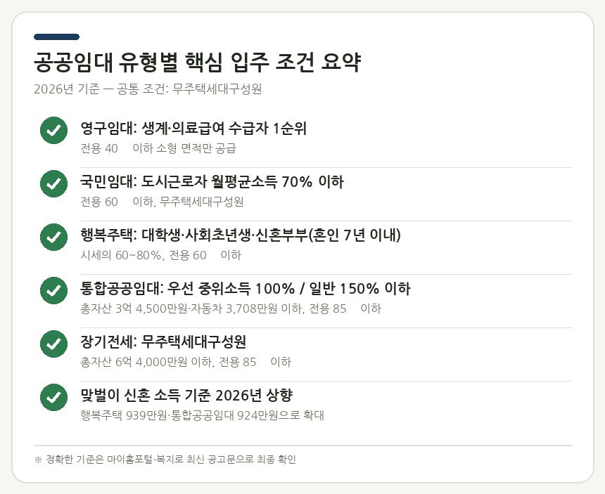 공공임대 유형별 핵심 입주 조건 요약