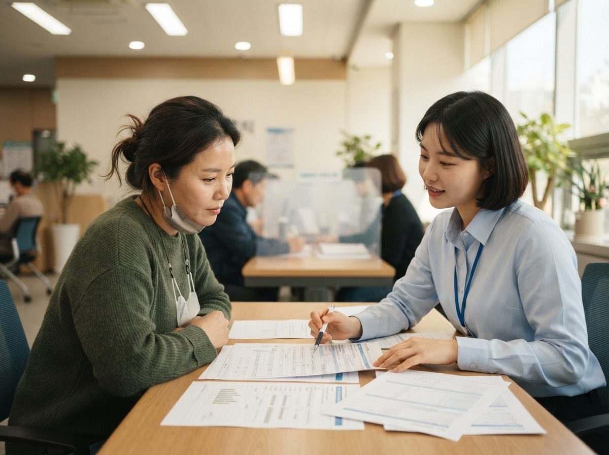 40대 여성이 주민센터 복지 담당 창구에서 직원과 마주 앉아 주거급여 신청 서류를 함께 검토하는 장면, 형광등과 자연광이 혼합된 밝은 실내, 서류가 펼쳐진 책상, 차분하고 친절한 분위기, 실사 사진