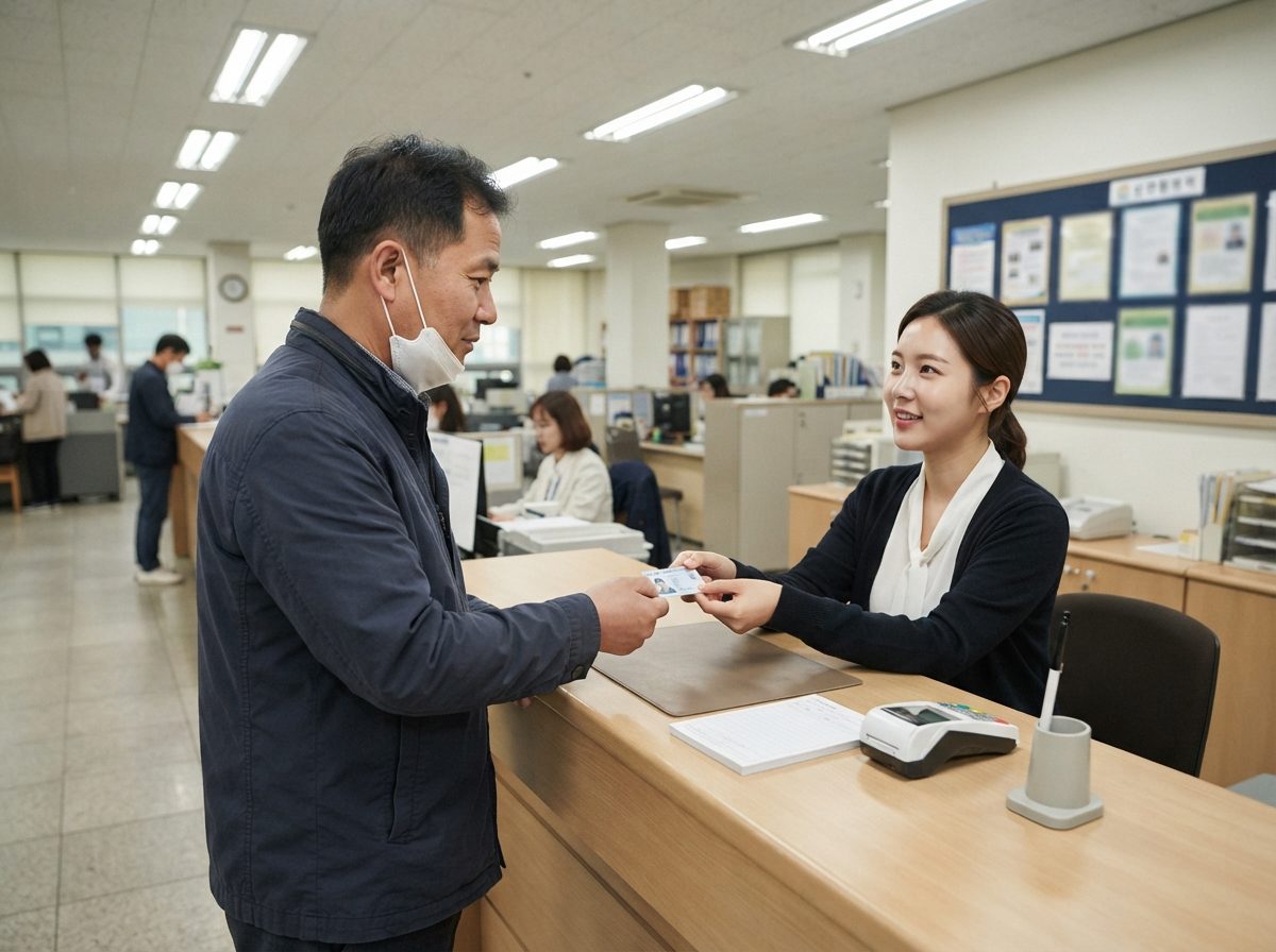 아파트 관리사무소 창구에서 40대 남성이 직원에게 카드를 건네며 에너지이용권 등록을 요청하는 장면, 형광등 아래 사무적이지만 친절한 분위기, 실사 사진
